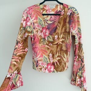 Vintage Y2K Lillie Rubin Top Medium Fairy Floral Rhinestone Crinkle Bell Sleeve